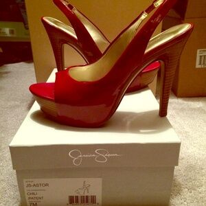 *cross posted* Red patent leather sling backs